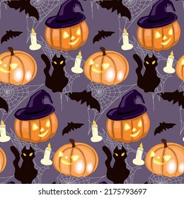 Seamless pattern for halloween. Pumpkins and black cat.