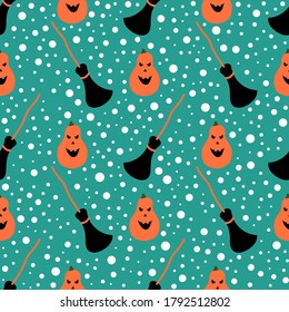 Seamless pattern with Halloween pumpkins, brooms and flakes. Vector background. Cute bright illustration for festive backdrops, decorations, cards, wrapping papers, prints, fabrics, or textile design.