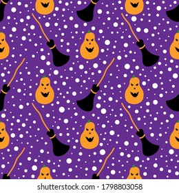 Seamless pattern with Halloween pumpkins, brooms, and flakes. Vector background. Holiday illustration for cute backdrops, decorations, cards, wrapping papers, prints, fabrics, or textile design, etc.
