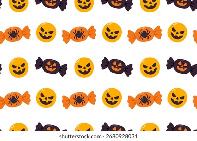 Seamless pattern with Halloween pumpkins, candies, and spooky elements