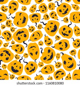 Seamless pattern with halloween pumpkins carved faces. Can be used for scrapbook digital paper, textile print, page fill. Vector illustration