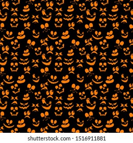 Seamless pattern with halloween pumpkins carved faces of emotions isolated on Dark background. Can be used for textile, print or anything