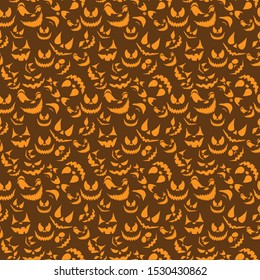 Seamless pattern with halloween pumpkins carved faces of emotions isolated on Dark background. Can be used for textile, print or anything