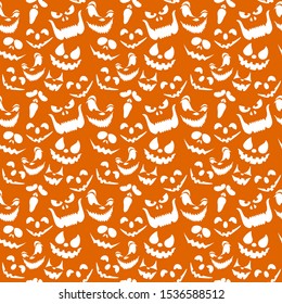 Seamless pattern with halloween pumpkins carved faces of emotions isolated on Orange background. Can be used for textile, print or anything
