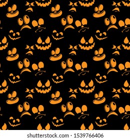 Seamless pattern with halloween pumpkins carved faces of emotions isolated on Dark background. Can be used for textile, print or anything