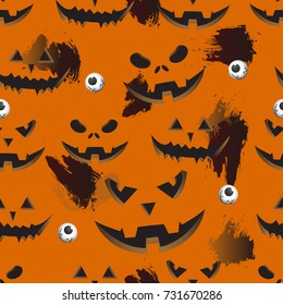 Seamless pattern with halloween pumpkins carved faces silhouettes on orange background. Can be used for scrapbook digital paper, textile print, page fill. Vector illustration