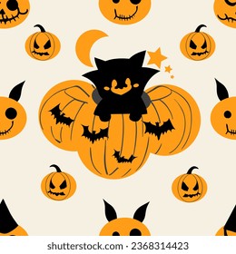
Seamless pattern Halloween, pumpkins, cat, bats, moon, stars on gray white background. Flat vector illustration.