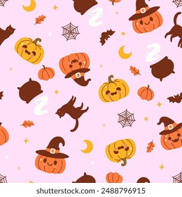 Seamless pattern with Halloween pumpkins, cats, cauldrons, cobwebs. Vector graphics.