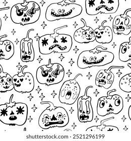 seamless pattern with halloween pumpkins characters in vector. design for backdrop decoration postcard poster print background wallpaper package textile banner