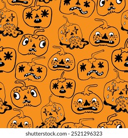 seamless pattern with halloween pumpkins characters in vector. design for backdrop decoration postcard poster print background wallpaper package textile banner