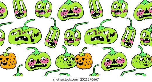 seamless pattern with halloween pumpkins characters in vector. design for backdrop decoration postcard poster print background wallpaper package textile banner