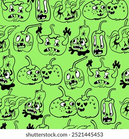 seamless pattern with halloween pumpkins characters in vector. design for backdrop decoration postcard poster print background wallpaper package textile banner