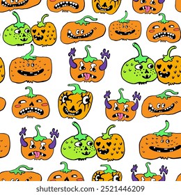 seamless pattern with halloween pumpkins characters in vector. design for backdrop decoration postcard poster print background wallpaper package textile banner