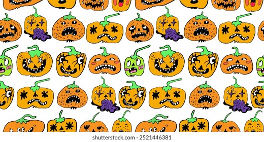padrão sem costura com halloween abóboras caracteres em vetor. design para pano de fundo decoração poster imprimir fundo papel de parede pacote têxtil banner