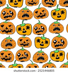 padrão sem costura com halloween abóboras caracteres em vetor. design para pano de fundo decoração poster imprimir fundo papel de parede pacote têxtil banner
