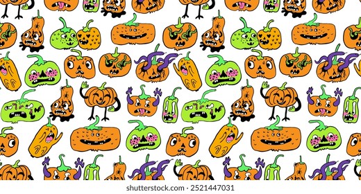 seamless pattern with halloween pumpkins characters in vector. design for backdrop decoration postcard poster print background wallpaper package textile banner