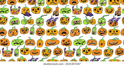 seamless pattern with halloween pumpkins characters in vector. design for backdrop decoration postcard poster print background wallpaper package textile banner