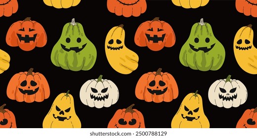 Seamless pattern of Halloween pumpkins of different colors and shapes. Flat vector illustration.