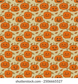Nahtloses Muster mit Halloween-Kürbissen und trockenen Blättern auf beigem Hintergrund. Trick or Treat Tapete.  