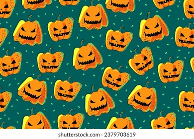 Seamless pattern with Halloween pumpkins. Pumpkins with evil emotions and dots on a dark background. Pattern of Jack O Lantern, carved pumpkins. Vector illustrations.