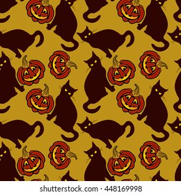 Seamless pattern with Halloween pumpkins and evil cat. Vector clip art.