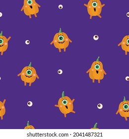 Seamless pattern. Halloween. Pumpkins and eyes on a purple background. Grimaces. Different emotions. A flat illustration made in the vector. For wrapping paper, textiles, design