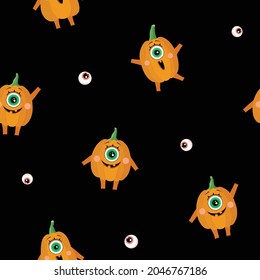 Seamless pattern. Halloween. Pumpkins and eyes on a black background. Grimaces. Different emotions. A flat illustration made in the vector. For wrapping paper, textiles, design