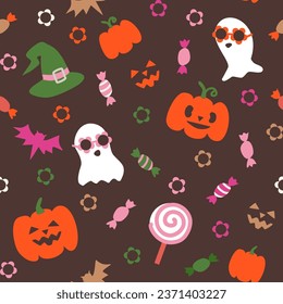 Seamless pattern with halloween pumpkins, groovy ghosts, witch hats, bats and candies on dark brown background. Suits as wallpaper, print, texture, wrapping.