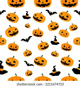  Seamless pattern Halloween pumpkins with hat and bat