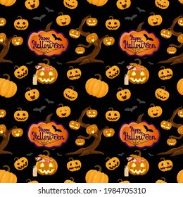 Patrón sin foco para Halloween. Calabazas, inscripciones, murciélagos sobre un fondo oscuro.