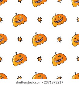 Seamless pattern with Halloween pumpkins. Jack orange lantern drawn with carved faces in doodle 