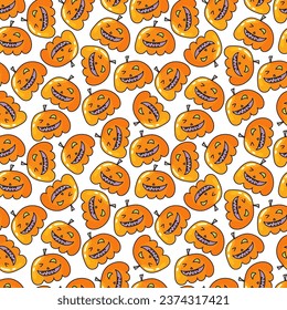 Seamless pattern with Halloween pumpkins. Jack orange lantern drawn with carved faces in doodle 