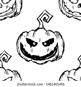 Seamless pattern of halloween pumpkins. Jack-O-Lanterns. Vector cartoon background. Hand-drawn style.
