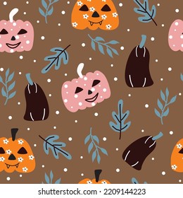 Patrón sin foco con calabazas de Halloween.  Las hojas y manchas son aptas para papel pintado.  Tapa textil y portada de libros. Ilustración vectorial.