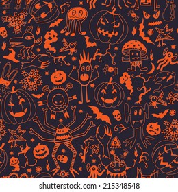Seamless Pattern With Halloween Pumpkins And Monsters