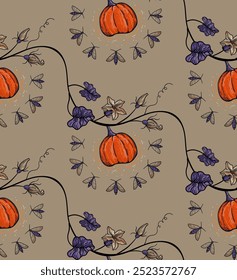 Patrón sin fisuras para Halloween con calabazas y polillas