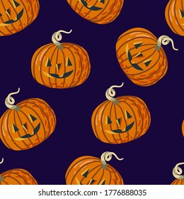 Seamless pattern with Halloween   pumpkins on purple background. Vector cartoon flat illustration.