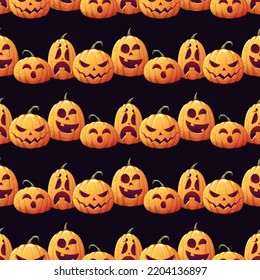 Seamless pattern with Halloween pumpkins on a black background. Striped background with holiday symbol for textiles, wallpaper, wrapping paper, etc.