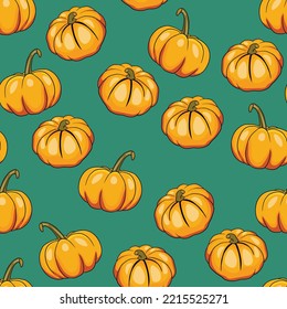 Seamless pattern with halloween pumpkins on color background. Scary and funny faces. Cute Pumpkin or ghost. Vector autumn holidays illustration.