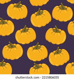 Seamless pattern with halloween pumpkins on color background. Scary and funny faces. Cute Pumpkin or ghost. Vector autumn holidays illustration.