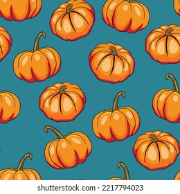 Seamless pattern with halloween pumpkins on color background. Scary and funny faces. Cute Pumpkin or ghost. Vector autumn holidays illustration.