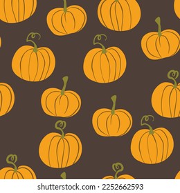 Seamless pattern with halloween pumpkins on color background. Scary and funny faces. Cute Pumpkin or ghost. Vector autumn holidays illustration.