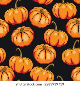 Seamless pattern with halloween pumpkins on color background. Scary and funny faces. Cute Pumpkin or ghost. Vector autumn holidays illustration.