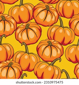 Seamless pattern with halloween pumpkins on color background. Scary and funny faces. Cute Pumpkin or ghost. Vector autumn holidays illustration.