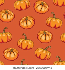 Seamless pattern with halloween pumpkins on color background. Scary and funny faces. Cute Pumpkin or ghost. Vector autumn holidays illustration.