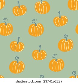 Seamless pattern with halloween pumpkins on color background. Scary and funny faces. Cute Pumpkin or ghost. Vector autumn holidays illustration.