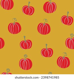 Seamless pattern with halloween pumpkins on color background. Scary and funny faces. Cute Pumpkin or ghost. Vector autumn holidays illustration.