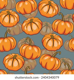 Seamless pattern with halloween pumpkins on color background. Scary and funny faces. Cute Pumpkin or ghost. Vector autumn holidays illustration.