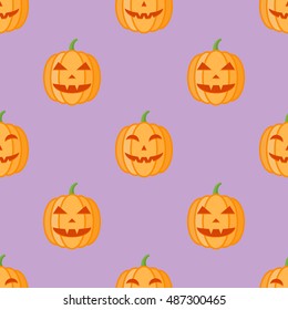 Seamless pattern with halloween pumpkins on purple background. Vector texture.