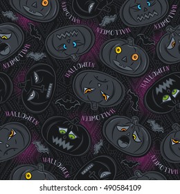 Seamless Pattern with Halloween pumpkins on black background, vector